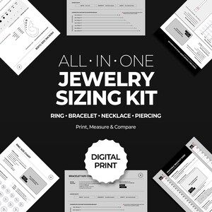 以下が含まれることがあります： ジュエリーサイジングキットの白黒画像。「ALL IN ONE JEWELRY SIZING KIT」の文字が大きく表示されています。リング、ブレスレット、ネックレス、ピアス用のサイズガイドが含まれています。「Print, Measure & Compare」の文字も表示されています。