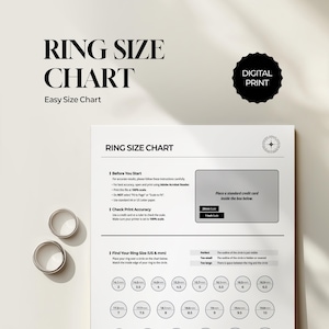 May include: A white ring size chart with the text "RING SIZE CHART" and "Easy Size Chart". Includes instructions, a credit card scale, and circles for ring sizing. A digital print.