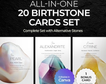 Printable Birthstone Cards Set | 12 Months + Alternative Gemstones (Canva Template)