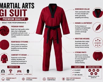 Red Cotton Martial Arts Gi Suit, Karate Judo BJJ Training Uniform with Black Belt