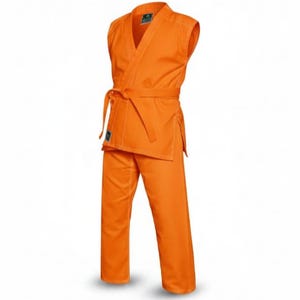 May include: An orange martial arts uniform, comprising a sleeveless top with a V-neck and matching trousers. The top is secured with a belt. The uniform is made of a durable fabric, suitable for training and competition.