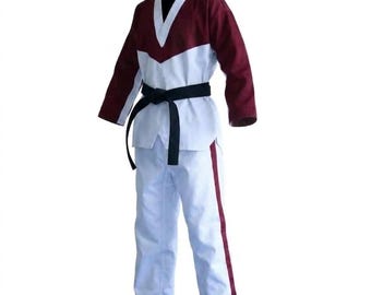 Custom Taekwondo Dobok Uniform – Maroon White V-Neck Martial Arts Suit, Personalized Gi