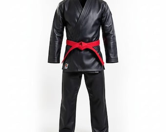 May include: A black martial arts uniform, featuring a jacket with a V-neck and pants, is tied with a red belt. The uniform appears to be made of leather. The outfit is displayed against a white background.