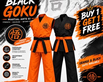 Black Goku Martial Arts Gi – Orange & Black Sleeveless Training Uniform, Embroidered Logo, Adjustable Belt