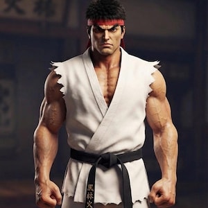 以下が含まれることがあります： 短い黒髪に赤い鉢巻をした格闘家の筋肉質なアクションフィギュア。縁がほつれたノースリーブの白い道着を着用し、金色の糸で「風林火山」という日本語の文字が刺繍された黒帯を締めている。