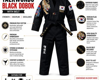 Black Taekwondo Dobok with Tiger Embroidery, Korean Style Martial Arts Uniform (with Belt)