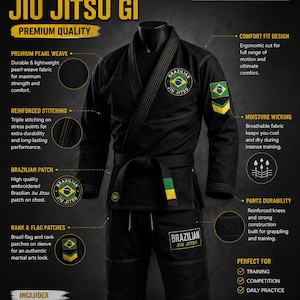 Puede incluir: Un gi de Jiu-Jitsu brasileño negro con chaqueta de tejido pearl weave y un parche bordado de la bandera de Brasil en el pecho y la manga. El conjunto incluye pantalones a juego con rodillas reforzadas y un cinturón. Texto: BRAZILIAN JIU JITSU GI.