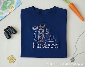 Zoo Movie Trio Shirt, Sly Fox Bunny Cop Blue Snack, Image with Custom Name— Kids Personalized Magical Mouse Inspired Embroidery