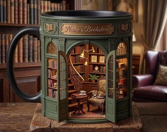 Vintage-Buchhandlungs-3D-Becher, personalisierte Kaffeetasse für Buchclubs, Erinnerungsbecher für Bücherwürmer aus Keramik, Geburtstags- oder Weihnachtsgeschenk für Leseratten und Lehrer