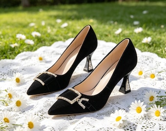 Customized insoles,Black Suede Pointed Toe Rhinestone Buckle Kitten Heel Wedding Pumps Shoes