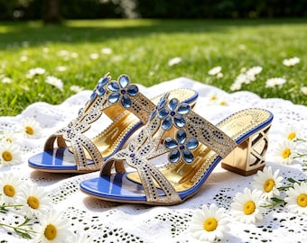 Kundenspezifische Einlegesohlen, Blau Gold Rhinestone-Blumen-Block-Absatz-Sandalen, die Gast Schuhe Wedding sind