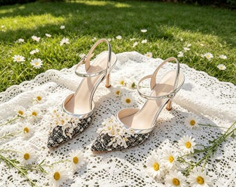 Customized insoles,Floral Tweed Slingback Heels with Daisy Appliqués