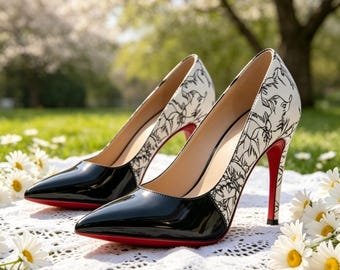 Customized insoles,Black White Floral Red Sole Pointed Toe High Heels for Women