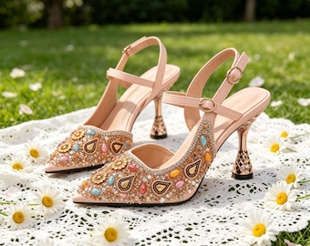 Plantillas personalizadas, tacones destalonados con cuentas de cristal color melocotón / Zapatos de fiesta de boda estilo boho