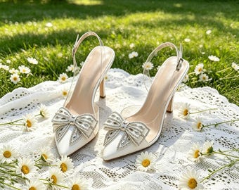 Op maat gemaakte inlegzolen, witte satijnen strass strik slingback hakken bruiloft bruidsschoenen