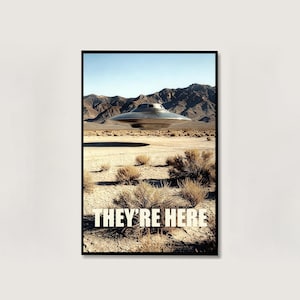 Op de afbeelding: Een ingelijste print met een zilveren vliegende schotel boven een woestijnlandschap met bergen op de achtergrond. De tekst "THEY'RE HERE" staat in witte letters onderaan de afbeelding.