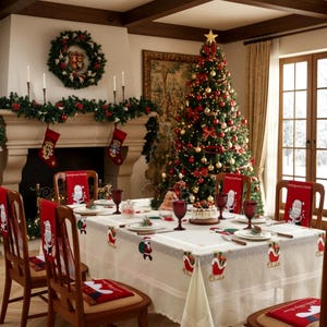 Può includere: Un tavolo da pranzo con una tovaglia in pizzo bianco con motivi ricamati di Babbo Natale, circondato da sedie in legno con coprisedili rossi a tema natalizio, in una stanza con un albero di Natale decorato e un camino con calze.