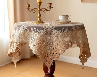 Quadratische Tischdecke 85 x 85 cm, Vintage Tischset, Elegant, Blumen Rose, Gold Tischdecke, Hochzeit Tischset, Tischdekoration