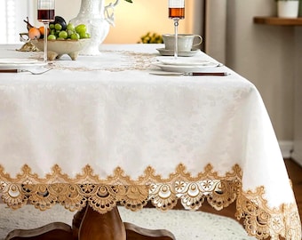 Luxuriöse europäische Spitzentischdecke, elegante rechteckige Tischdecke, Gold gesticktes Speisedekor, Hochzeitsbanketttuch