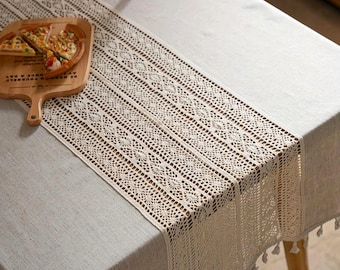 Beiger gehäkelter Tischläufer mit Quasten, Boho Bauernhaus Dekor, Vintage Leinen Tischläufer für Esstisch & Hochzeiten