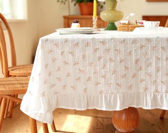 Tovaglia in cotone stampata con motivo pastorale fresco, piante verdi, fiori, loto, bordi a foglia, tovaglia da caffè/tè, decorazione per la tavola INS