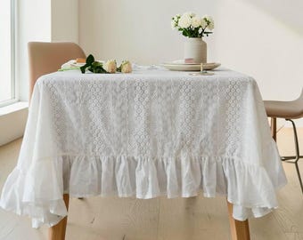 Französische weiße Baumwolltischdecke, bestickte Stofftischdecken, rustikale Tischdecke für Zuhause, Urlaub, Party, Weihnachten