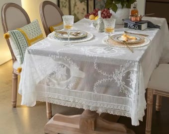 Weiß Jacquard Spitze Tischdecke, Romantische Blumen Hochzeit Bankett Leinen