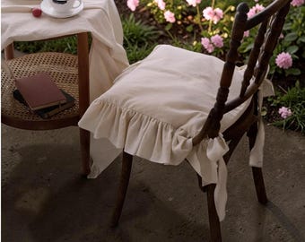 100% Cotton French Style Chair Cushion Cover – Ruffled Tie Straps, Washable Seat Decor