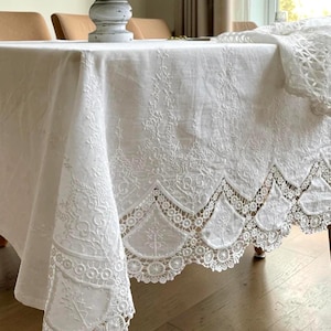 French Floral Lace Embroidered Rectangle Tablecloth/100% Cotton Table Cover/White Lace Wedding Tablecloth/Custom Farmhouse Round Tablecloth