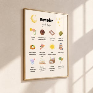 Könnte beinhalten: Ein gerahmtes Poster mit dem Titel Ramadan good deeds, das ein Raster aus zwölf farbenfrohen Illustrationen mit Textunterschriften zeigt. Die Symbole umfassen einen Halbmond, Gebetsketten, Datteln, einen Koran, eine Sonne, ein Spendenglas und gute Taten.
