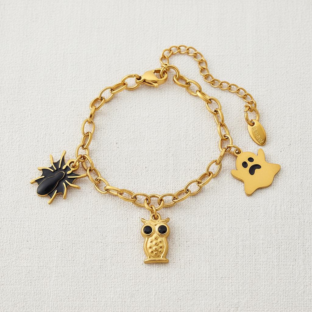Halloween Spider Ghost Owl Bracelet, a whimsical and adorable gold jewelry piece, perfect for autumn