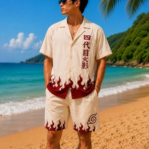 May include: A cream-colored short-sleeve button-down shirt and matching shorts set. The shirt features red flame patterns at the hem and the Japanese text 四代目火影. The shorts also have red flame patterns at the hem and a black spiral symbol.