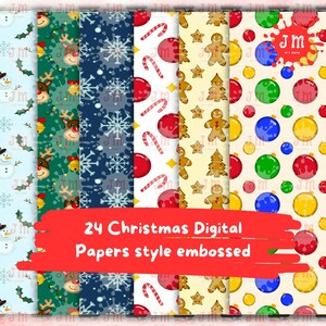 Puede incluir: Una colección de 24 papeles digitales navideños con varios diseños festivos. Los diseños incluyen muñecos de nieve, renos, copos de nieve, bastones de caramelo, hombres de jengibre y adornos. El texto de la imagen dice "24 Christmas Digital Papers style embossed."