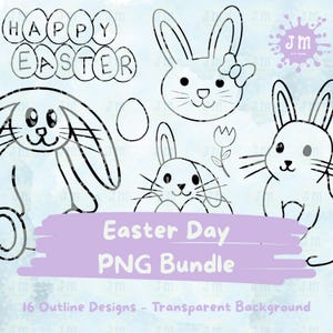Puede incluir: Ilustraciones en blanco y negro con temática de Pascua. La imagen incluye caras de conejos, un tulipán y el texto "Happy Easter" en forma de huevo. También está presente el texto "Easter Day PNG Bundle".