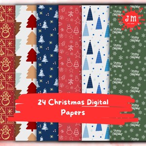 Puede incluir: Una colección de 24 papeles digitales navideños con varios diseños festivos. Los diseños incluyen árboles de Navidad, copos de nieve y adornos en rojo, azul y verde. Adecuados para proyectos navideños.