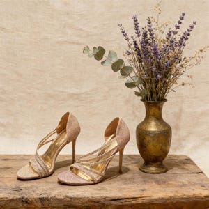 Customized insoles,Rose Gold Glitter Crystal Strap Stilettos | Open Toe Bridal Sandals | Wedding High Heels