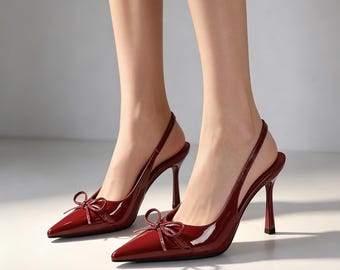 Customized insoles,Pointed-toe, high-heeled shoes, hollowed-out heels at the back, wine-red bow decoration shoes