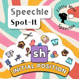 May include: A set of circular game cards featuring colourful illustrations of items like a sheep, shark, barn, and shorts. The cards display the text Speechie Spot-It, Little Miss Speechie, sh, and INITIAL POSITION against a wavy, multi-coloured background.