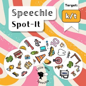 May include: A colorful educational game called "Speechie Spot-It" with various illustrated objects on circular cards. The game includes the text "Target: k/t" and the brand name "Little Miss Speechie". The background has a retro rainbow design.