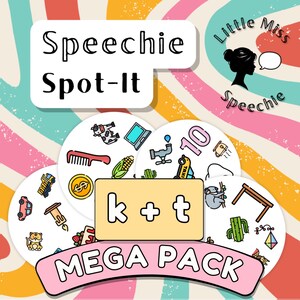 May include: A Speechie Spot-It Mega Pack game set featuring circular cards with colourful illustrations of objects like a cow, comb, corn, taxi, cactus, and koala. The cards include the text Speechie Spot-It, Little Miss Speechie, and k + t.