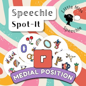 Peut inclure: Un jeu éducatif Speechie Spot-It composé de cartes circulaires avec des illustrations colorées d'objets, la lettre r dans un carré rouge et une bannière violette marquée MEDIAL POSITION. Le fond présente des rayures ondulées rose, orange et bleu sarcelle.