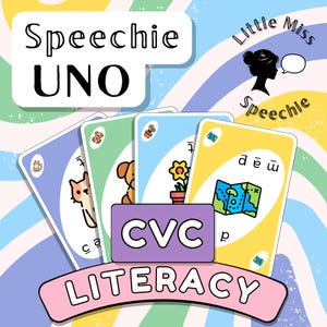 May include: A set of four colourful educational playing cards featuring illustrations of a cat, dog, flower, and map with corresponding CVC words. The cards are labelled Speechie UNO and CVC LITERACY, with a Little Miss Speechie logo in the corner.