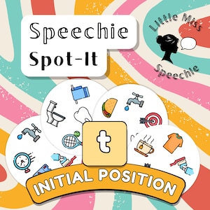 Può includere: Un set di gioco educativo Speechie Spot-It con carte circolari che presentano icone colorate come un water, un dente, un taco, un rubinetto, un bersaglio, un orologio e una maglietta. Le carte riportano la lettera t e INITIAL POSITION.