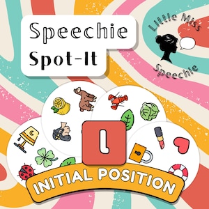 Puede incluir: Un juego de cartas Speechie Spot-It con el texto Little Miss Speechie y Speechie Spot-It. Las cartas muestran ilustraciones coloridas que incluyen un limón, una llama, una langosta, un repollo, una lámpara, un trébol, una mariquita, un pintalabios, un candado, un corazón y un salvavidas. Un cuadrado rojo con la letra L y una pancarta naranja con el texto INITIAL POSITION están centrados.