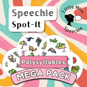 Może przedstawiać: Zestaw okrągłych kart do gry z kolorowymi ilustracjami zwierząt i przedmiotów, z napisem Speechie Spot-It, Polysyllables oraz MEGA PACK. Logo przedstawia sylwetkę głowy z dymkiem i napisem Little Miss Speechie.