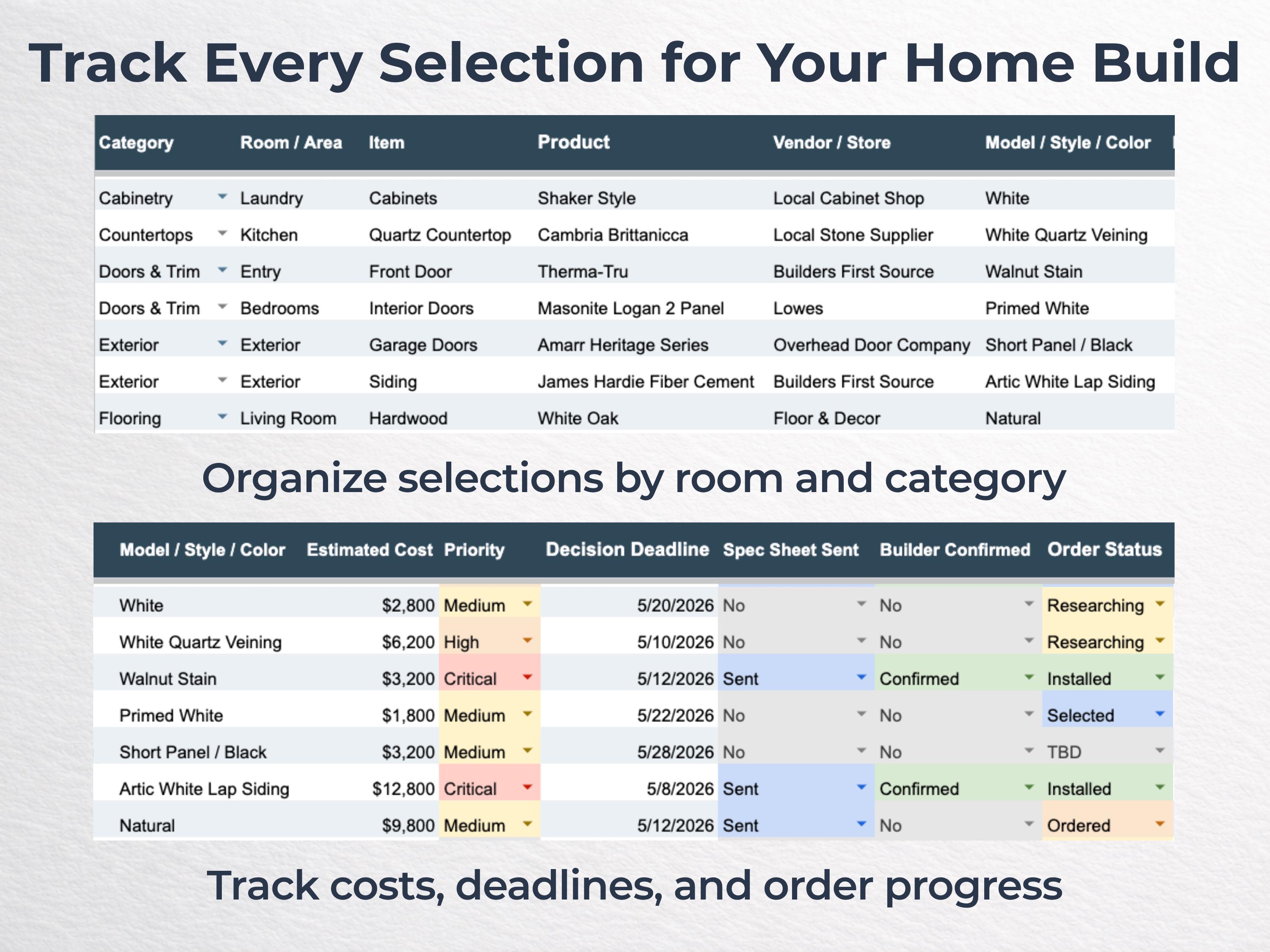 Build Selection Home Build Selection Tracker | New Construction Planner Spreadsheet ...