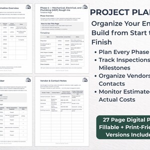 May include: A digital project planner with a green banner that reads "27 Page Digital PDF Fillable + Print-Friendly Versions Included." The planner includes sections for construction timelines, inspection trackers, and vendor contact notes. The text "PROJECT PLANNER" is at the top.