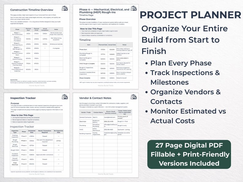 May include: A digital project planner with a green banner that reads "27 Page Digital PDF Fillable + Print-Friendly Versions Included." The planner includes sections for construction timelines, inspection trackers, and vendor contact notes. The text "PROJECT PLANNER" is at the top.