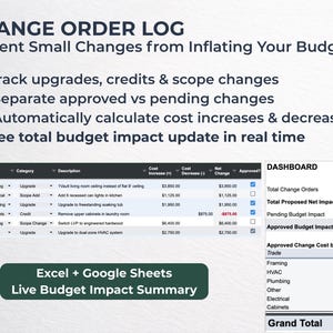 May include: A digital document titled "CHANGE ORDER LOG" with a detailed table tracking budget changes. The document includes sections for upgrades, credits, and scope changes, with real-time budget impact updates. The document is designed for use with Excel and Google Sheets.