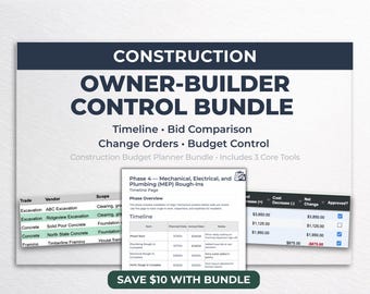 Planificador de presupuesto de construcción / Cronograma de construcción de viviendas, comparación de ofertas y hoja de cálculo de órdenes de cambio / Excel y Hojas de cálculo de Google